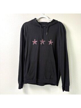 John Varvatos USA 3 Star Hooded Sweatshirt Mens L Black Pullover Hoodie Pocket